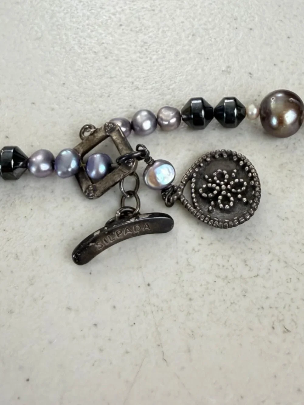 SILPADA N1784 VINTAGE STERLING 925 FRESHWATER PEARL HEMATITE TOGGLE NECKLACE - Picture 5 of 7